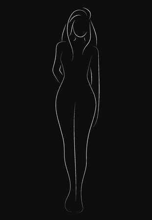 Female figure. Outline of young girl. Stylized slender body. Linear Art. Black and white vector illustration. Contour of a slender figure.のイラスト素材