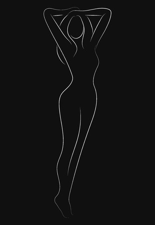 Female figure. Outline of young girl. Stylized slender body. Linear Art. Black and white vector illustration. Contour of a slender figure.のイラスト素材