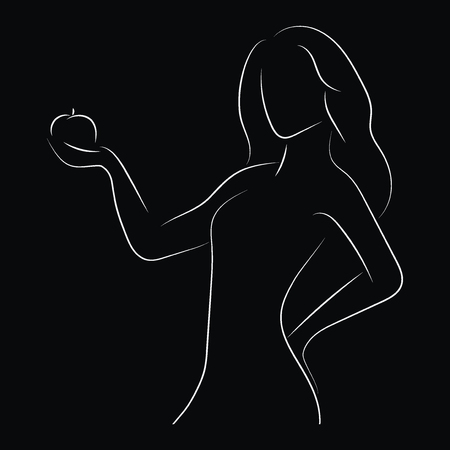 Silhouette of a slender girl with a frame for text. Linear outline of a woman with a board. Black and white drawing. Tattoo.のイラスト素材