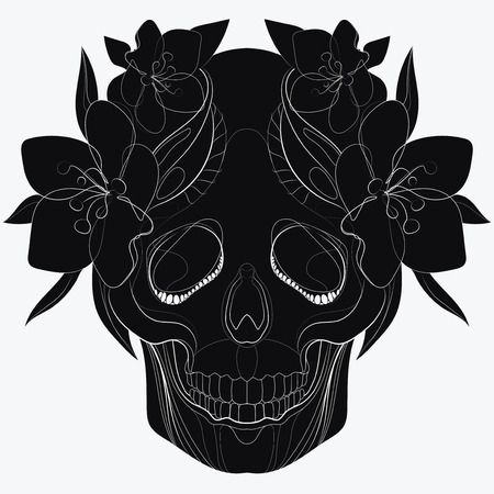 Vector stylized skull. Human skull with ornaments linear Art.のイラスト素材