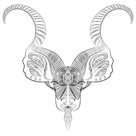 Stylized head of antelope. Vector portrait of a buffalo. Cattle. Bull. Tattoo. Black and white drawing.のイラスト素材