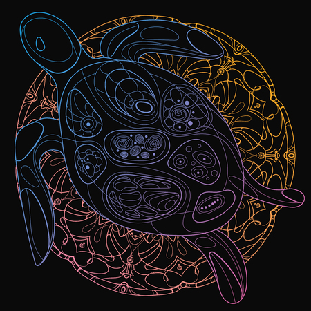 Stylized vector sea turtle. Linear Art. Drawing by hand. Mammals of the ocean.のイラスト素材