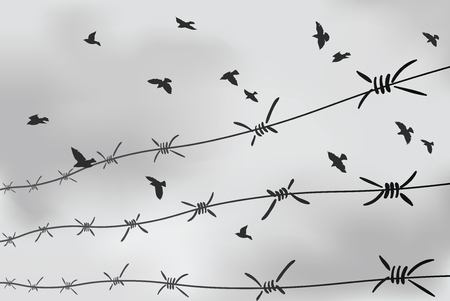 Barbed wire fencing. Fence made of wire with spikes. Black and white illustration, console camp.のイラスト素材