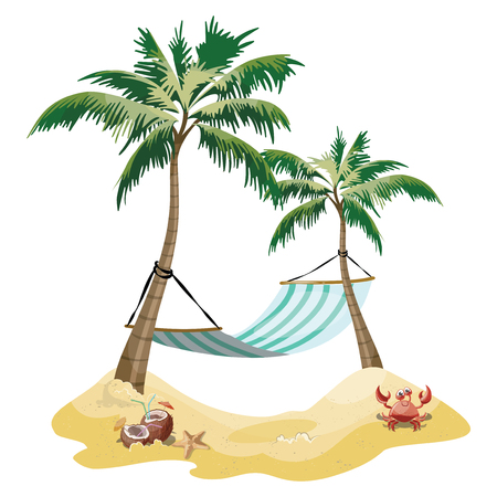 Cartoon island in the sea with a chaise longue and surfboard. Illustration for a travel company. Summer vacation at the sea. Illustration of a sandy beach with an umbrella. Vacation. Drawing for childのイラスト素材