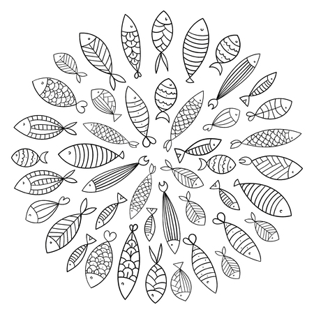 School of fish. A group of stylized fish swimming in a circle. Black and white fish for children with ornaments. Marine life. Vector illustration. Tattoo. Logo fishes.のイラスト素材