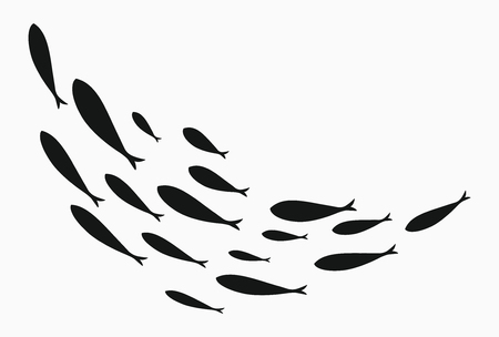 Silhouettes of groups of sea fishes. Colony of small fish. Icon with river taxers. Stylized logo. Black and white drawing of schools of fish.のイラスト素材
