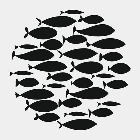 School of fish. A group of silhouette fish swim in a circle. Marine life. Vector illustration. Tattoo. Logo fishes.のイラスト素材
