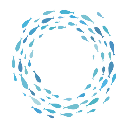 Colored silhouettes school of fish. A group of silhouette fish swim in a circle. Marine life. Vector illustration. Logo fishes.のイラスト素材