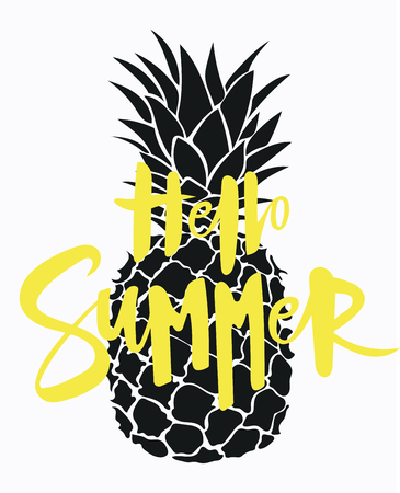 Cartoon pineapple with an inscription summer. Colorful pineapple print. Picture of an exotic fruit with a leasing. Fresh vitamins.のイラスト素材