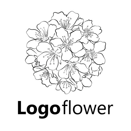 Blooming cherry. Sakura branch with flower buds. Black and white drawing of a blossoming tree in spring. Logo with Japanese cherry blossoms. Tattoo. Linear Art.のイラスト素材