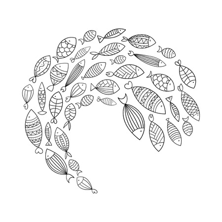 School of fish. Stylized group of stylized fishes swimming in the pack. Decorative aquarium fish with patterns.のイラスト素材