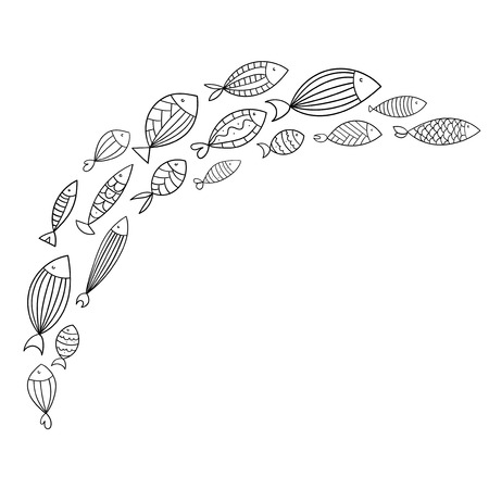 School of fish. Stylized group of stylized fishes swimming in the pack. Decorative aquarium fish with patterns.のイラスト素材