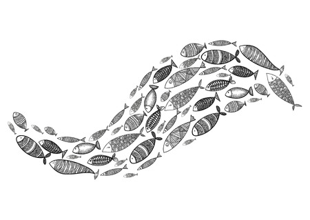 School of fish. Stylized group of stylized fishes swimming in the pack. Decorative aquarium fish with patterns.のイラスト素材