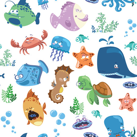 Seamless texture with cartoon fishes. Prints for textiles with the inhabitants of the sea. Printing for fabric. An illustration on the wallpaper for children.のイラスト素材