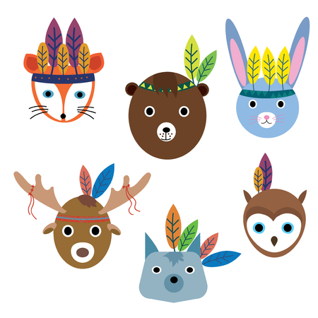 Vector set of stylized animal portraits with feathers. Collection of animal heads in Indian style. Illustration for children. Graphic art.のイラスト素材