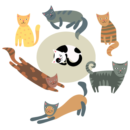 Vector set of stylized cats. Collection of cartoon kittens. Pets are pets. Illustration for children. Graphic art. Playing cats.のイラスト素材
