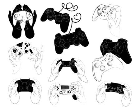 Set of joysticks for the console. Collection of joysticks for video games. Black and white...