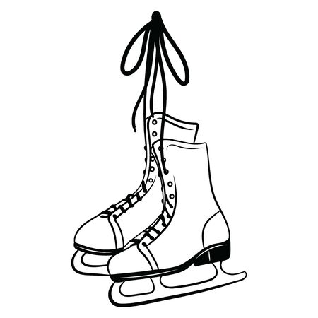 PrintShoes for figure skating. Black white illustration of ice skates. Winter sport. Linear art. Tattoo.のイラスト素材