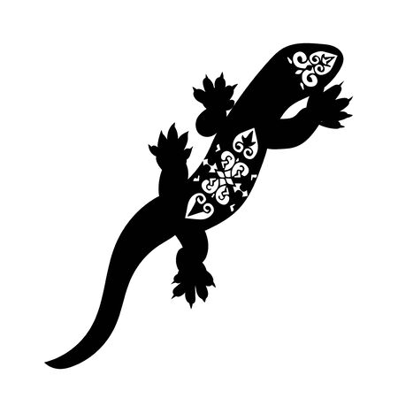 Stylized lizard. Black white reptile illustration.のイラスト素材