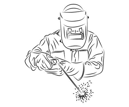 Welder welds metal. Black and white illustration of a welder in work clothes. Linear art.のイラスト素材