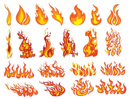 Set of fires. Collection of fire walls. Illustration of a burning strip. Flame drawing. Flaming wall. Vector illustration of a fire.のイラスト素材