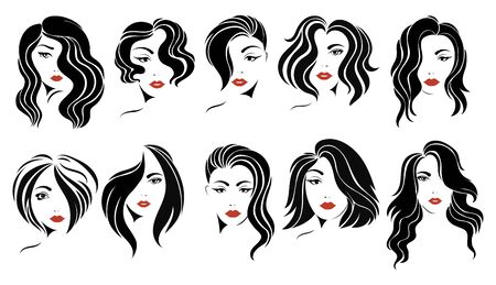 Set of hairstyles for women. Collection of black silhouettes of hairstyles for girls. Fashionable hairstyles.のイラスト素材