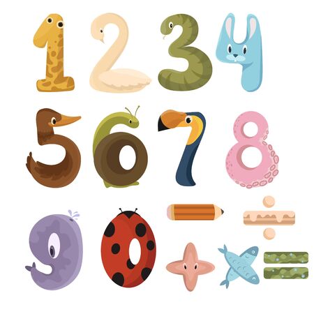 Set of numbers with animals. Collection of animals in the form of numbers. Vector illustration for kids.のイラスト素材