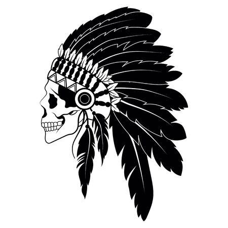 Indian skull with headdress of feathers. The leader of a tribe of Indians. Totem. Line art. Black and white drawing by hand. Tattoo.のイラスト素材
