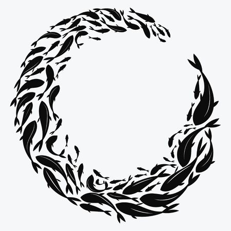 School of fish. A group of silhouette fish swim in a circle. Marine life.のイラスト素材
