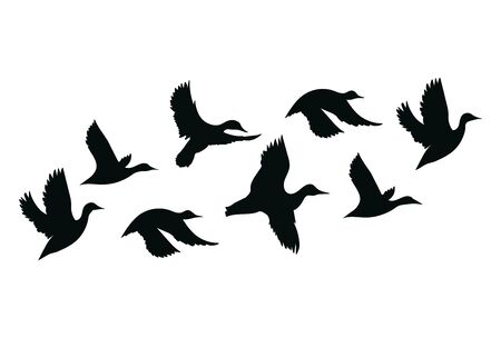 Flock of ducks. A cartoon flock of birds. Vector illustration of flying birds. Drawing for children.のイラスト素材