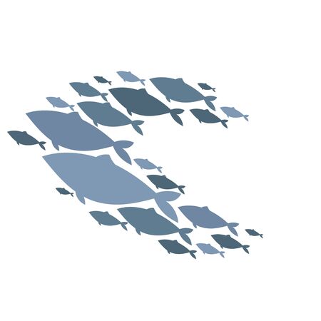 Colored silhouettes of groups of sea fishes. Colony of small fish. Icon with river taxers.のイラスト素材
