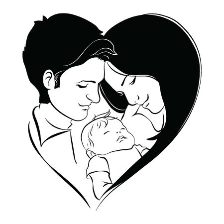 Family with baby. Father and mother hug their child. Black and white design of a young family. Linear Art. Tattoo.のイラスト素材
