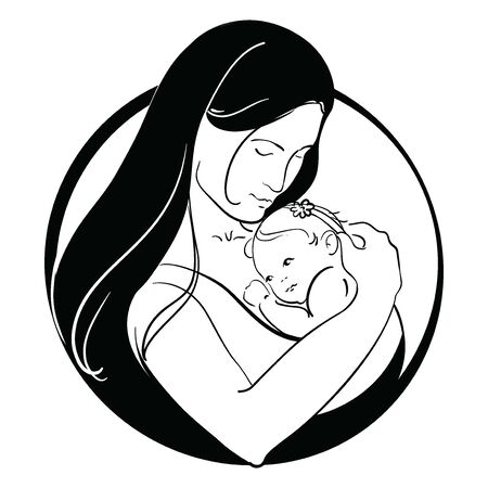 Woman with a child. design of a young mother with a baby in her hands. Black and white illustration of a mother hugging her baby.   family. Tattoo.のイラスト素材