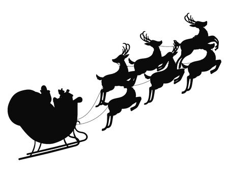 Santa flying in a sleigh with reindeer. Vector illustration. Isolated object. Black silhouette. Christmas.のイラスト素材