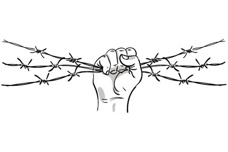 Barbed wire clenched in fist. Barbed wire with hands.のイラスト素材