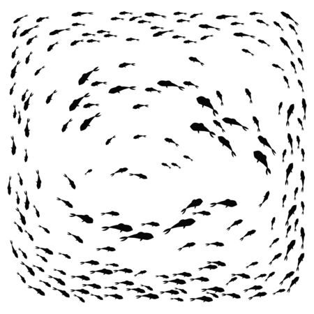 Silhouettes of groups of sea fishes. Colony of small fish. Icon with river taxers. Stylized design. Black and white drawing of schools of fish.のイラスト素材