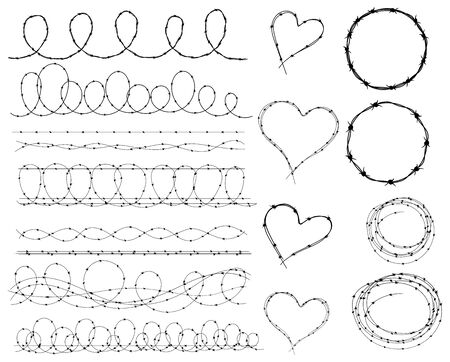 Set of spiny wires. Collection of black silhouettes of barbed wire. Vector illustration of a fence.のイラスト素材