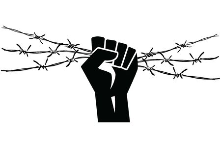 Barbed wire clenched in fist. Barbed wire with hands.のイラスト素材