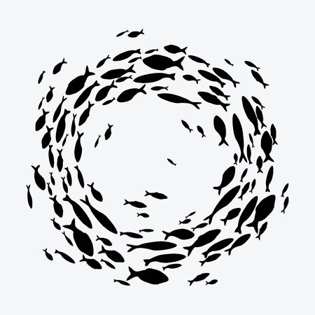 School of fish. A group of silhouette fish swim in a circle. Marine life. Vector illustration. Tattoo.のイラスト素材