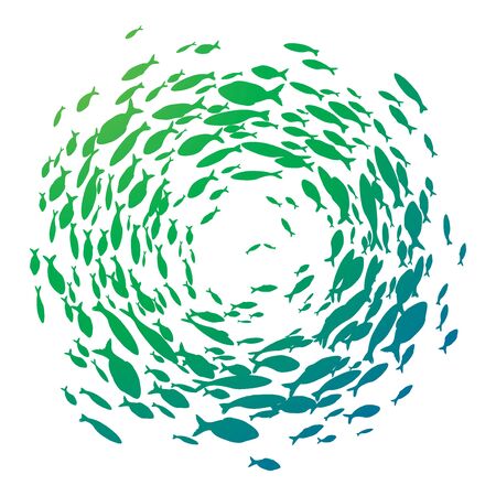 Colored silhouettes school of fish. A group of silhouette fish swim in a circle. Marine life. Vector illustration.  fishes.のイラスト素材