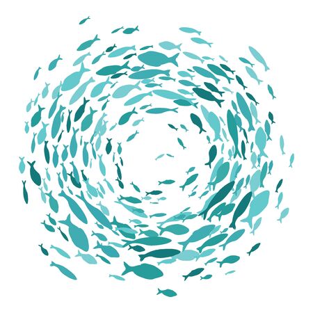 Colored silhouettes school of fish. A group of silhouette fish swim in a circle. Marine life. Vector illustration.のイラスト素材