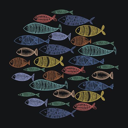 Vector set of stylized fish. Collection of cartoon fish. Marine life. Illustration for children. A flock of colored fish floating in a circle.のイラスト素材