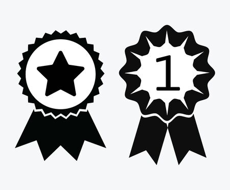 A sign of premium class. Medal with a star and ribbon. Mark of distinction. Black and white quality symbol. Vector illustration of medal icons. Reward for the first place.のイラスト素材