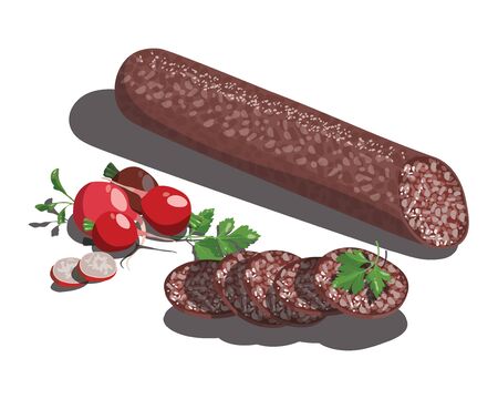 Vector illustration of sausage. Smoked sausage with fresh herbs. Meat product on a white background. Colorful food drawing.のイラスト素材
