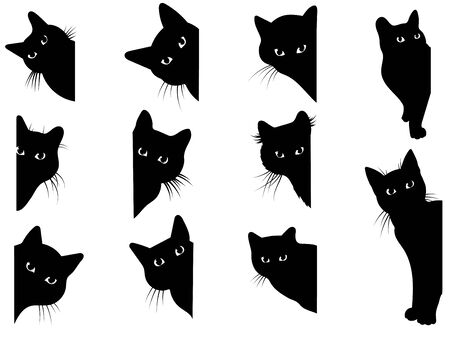 Set of black cats looking out of the corner. Collection of cat faces that spy on you. Playing pets. Tattoo.のイラスト素材