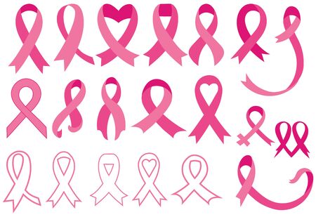 Set of pink ribbons. Breast cancer awareness ribbons collection. Vector illustration.のイラスト素材