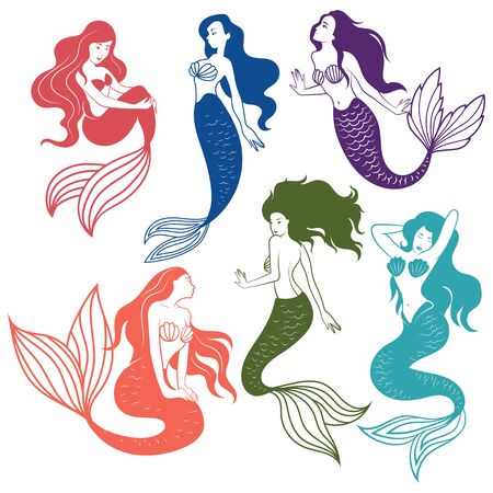 Set of silhouette mermaids. Collection of stylized mermaids. Vector illustration of mystical creatures for children.のイラスト素材