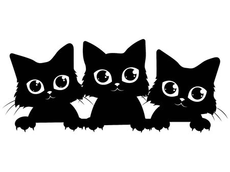 Black cats looking out the window. Cartoon cats look out of the window. Black white vector illustration for children. Tattoo.のイラスト素材
