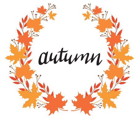 Wreath of autumn plants with the inscription. Cartoon wreath with autumn elements.のイラスト素材