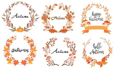 Set of autumn wreaths with the inscription. Collection of cartoon wreaths of autumn branches and leaves. Vector illustration of lettering with plants.のイラスト素材